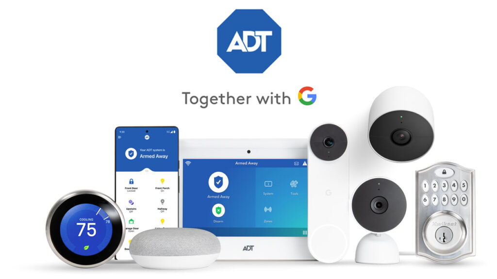 ADT smart home security equipment together with Google — touchscreen command panel, security cameras, video doorbell, smart thermostat, smart speaker, smart lock, and the ADT app