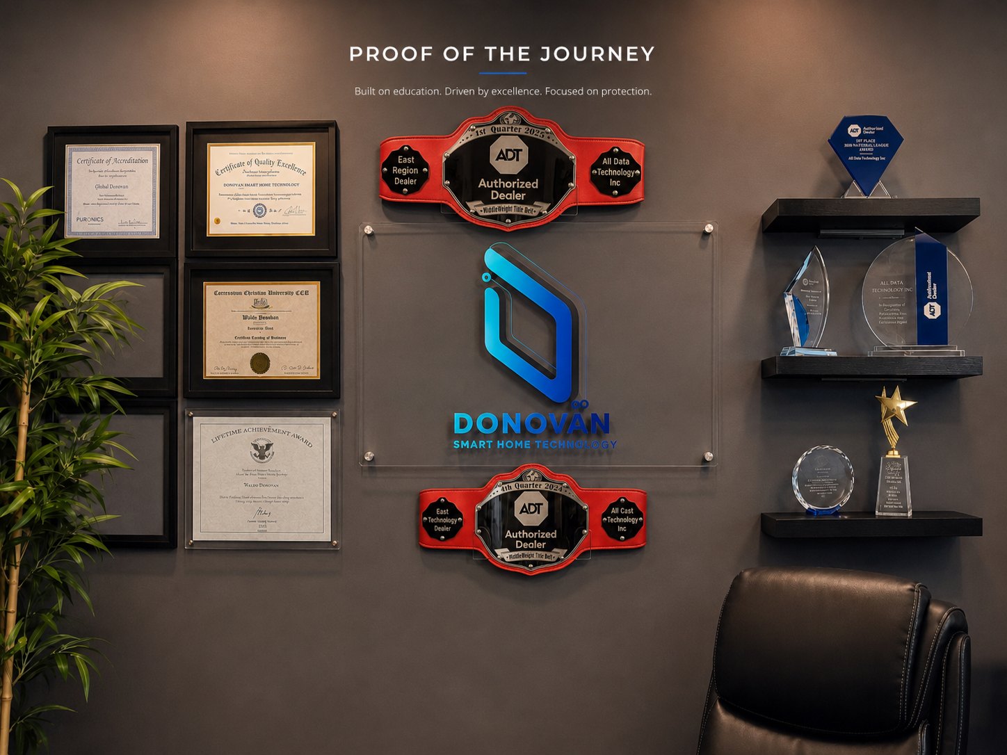 Donovan Smart Home Technology recognition wall — ADT Authorized Dealer awards, certifications of accreditation and quality excellence, and achievement trophies